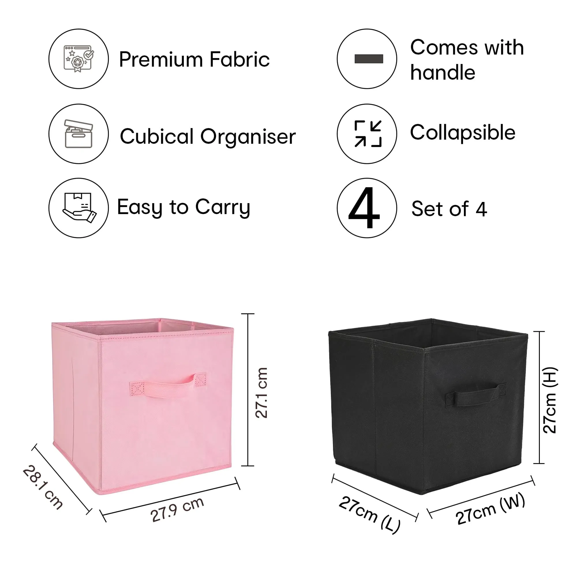 Anko Premium Foldable Storage Box for Clothes, Books, Toys | Set of 4 | Sturdy, Durable Fabric | Collapsible Organizer for Home, Office, Bedroom | Pink & Black | 11 inches