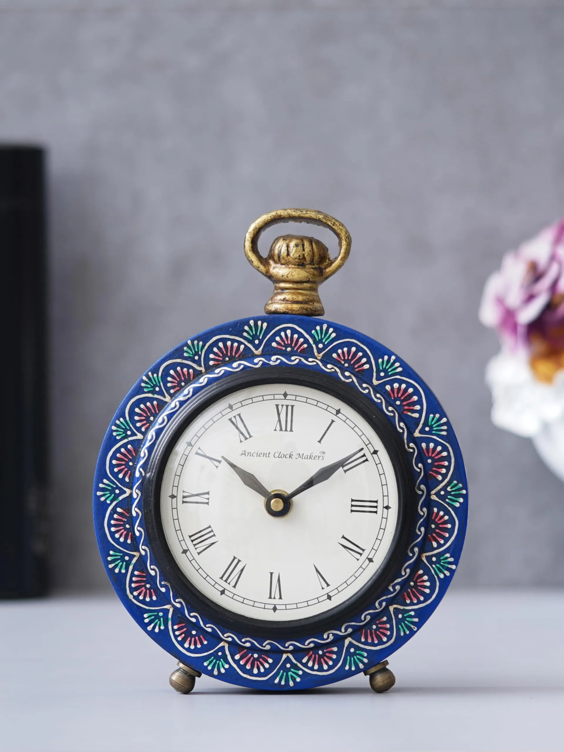 CHRONIKLE Beautiful Hanger Style Round Wooden Case Blue Roman Numbers Table Clock Office Desk Decor Home Study Room Gifts (Size: 15.5 x 5 x 20 CM | Weight: 375 Gram)