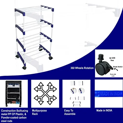 Confiado 6 layer metal shoe rack rack with wheels for multipurpose books, clothes, shoes etc. (6 shelf, Black)