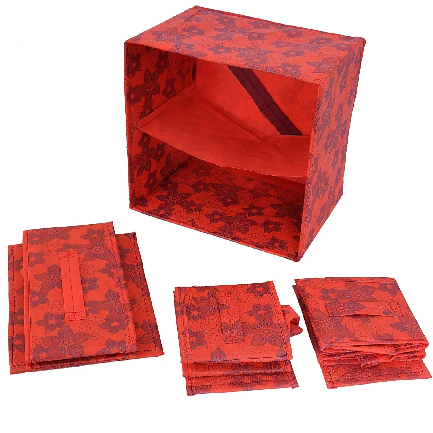 Kuber Industries Metallic Flower Printed 3 Drawers Foldable Non-Woven Dressing/Jewllery/Makeup Organizer Box (Red)-HS43KUBMART26848