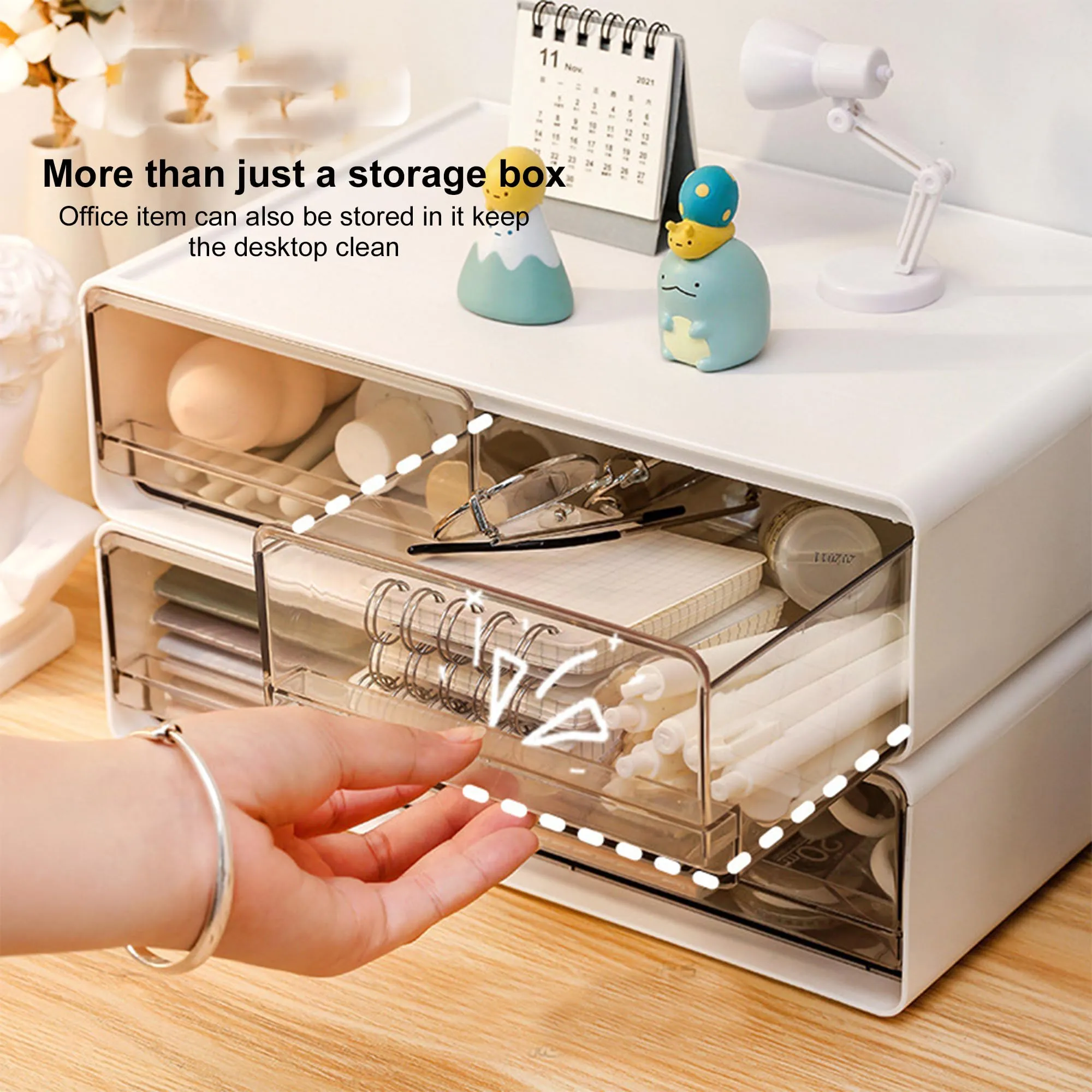 Kuber Industries Pack of 3 Stackable Storage Organiser | 2 drawers Large Capacity | Transparent Front Panel Plastic Stackable Drawers for Home and Office | W2032-2 | White