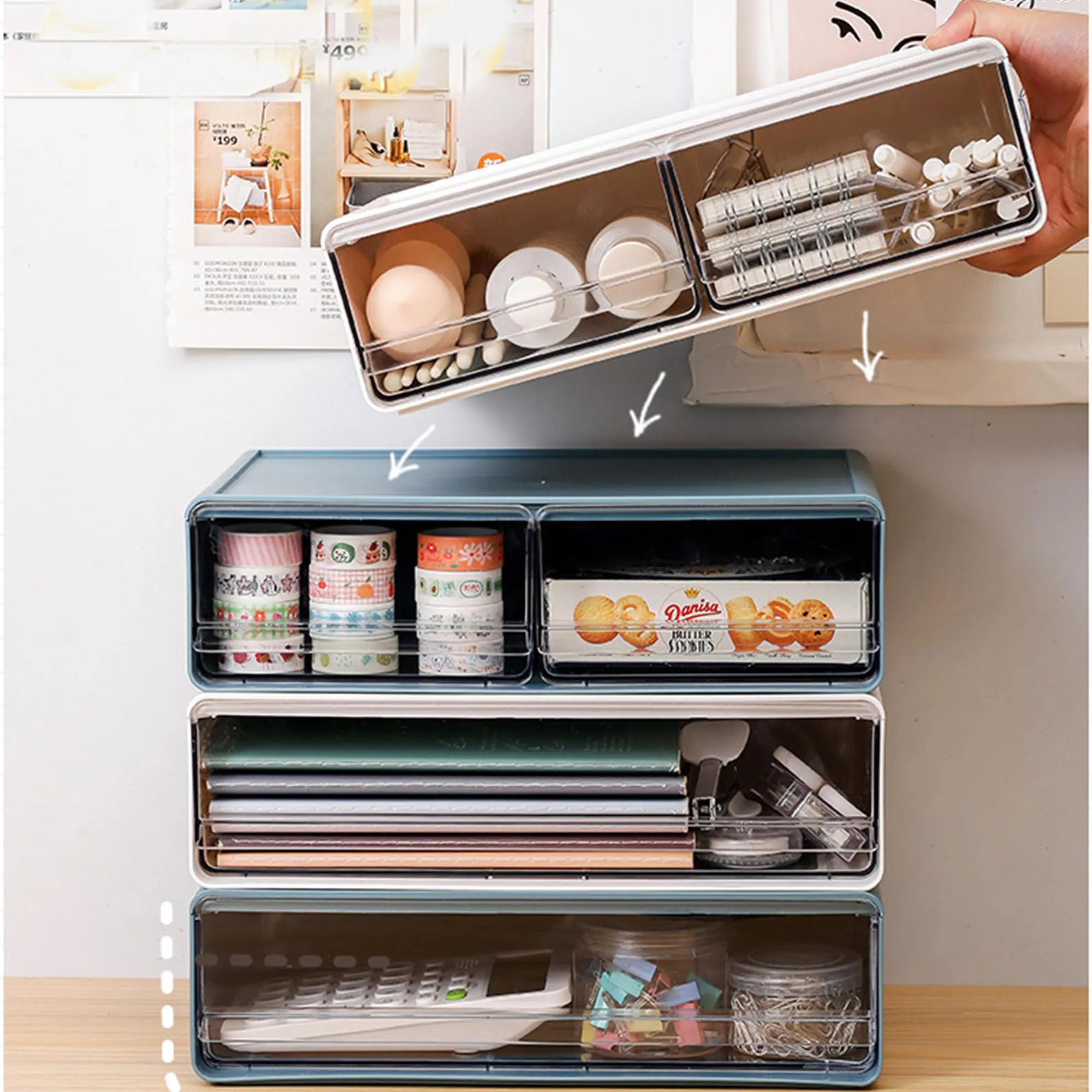 Kuber Industries Pack of 4 Stackable Storage Organiser | 2 drawers Large Capacity | Transparent Front Panel | Plastic Stackable Drawers for Home and Office | W2032-2 | White